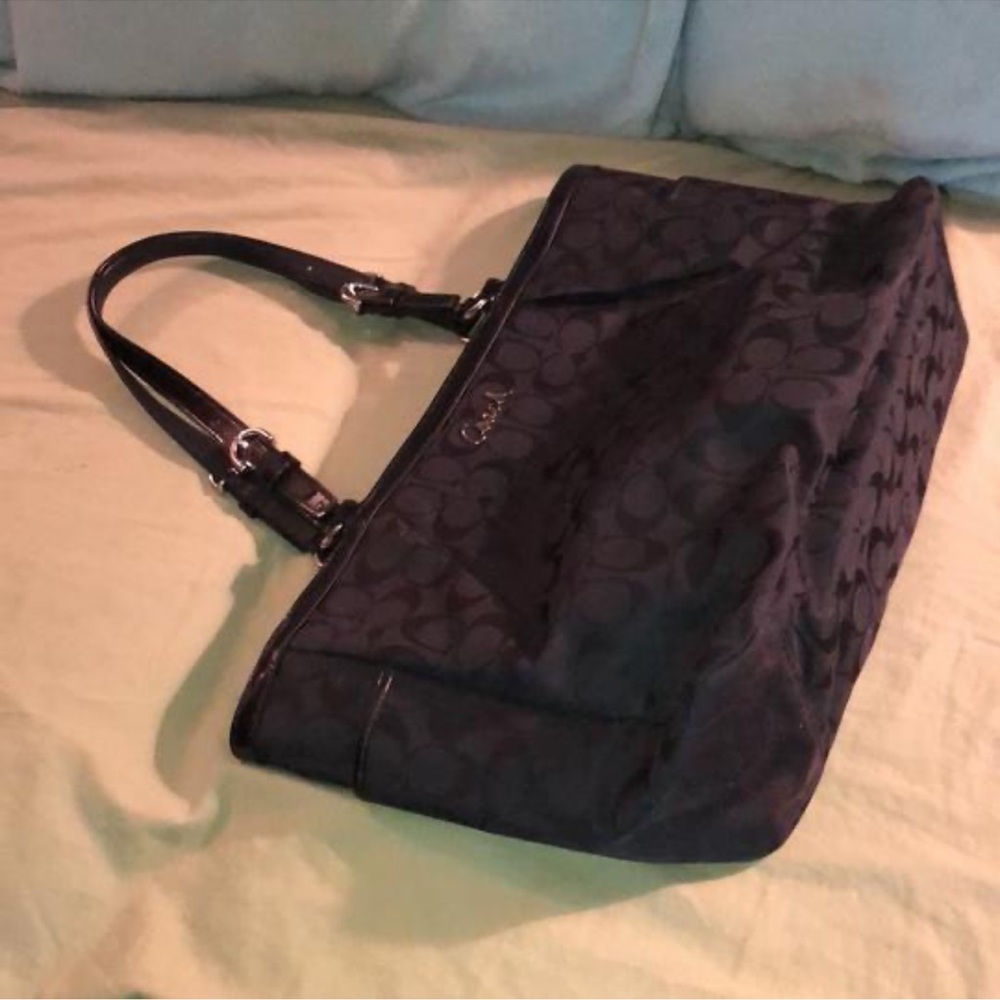 Authentic Coach tote with black iconic logos and black leather trim. - Picture 9 of 13